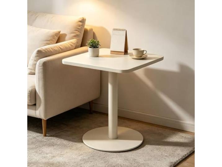 Quadratischer Sofa Beistelltisch mit rundem Metallsockel, weißer Couchtisch Kompakter Akzent-Esstisch für Wohnzimmer, kleine Räume, Bistro, Pub, Bartisch(70x70x73cm)