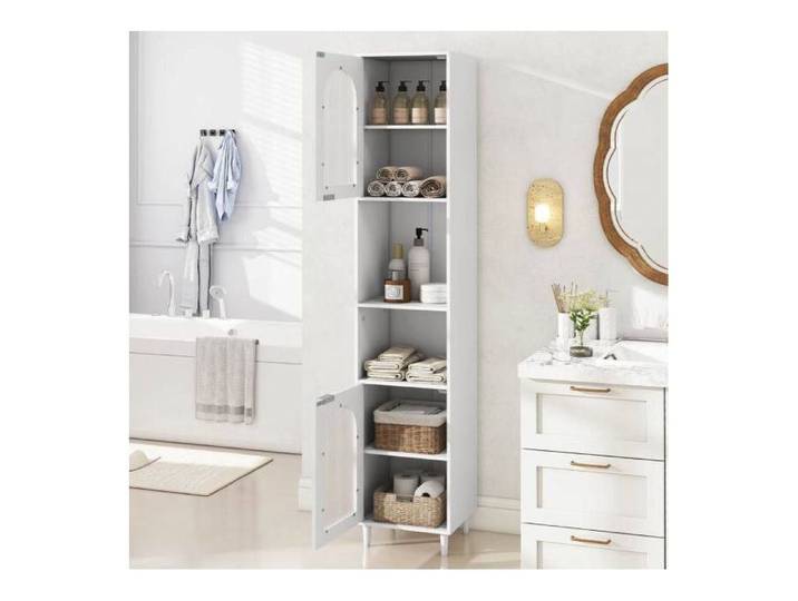 Armoire haute murale - PAGE LIVING - Colonne 35x30x180 - 2 portes verre cannelé - Étagères réglables - Blanc