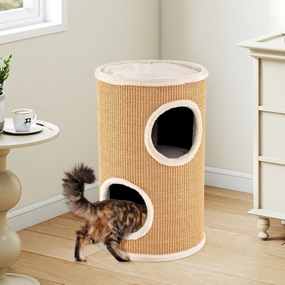 Happy Larry 4-Story Cat Condo, Multi-level Cat House with Sisal Scratching Pad, Napping Plush Bed, Barrel-Shaped Cat Tree Tower, Modern Pet Hideaway Cave for Indo Brown 59.5cm H x 36cm W x 36cm D