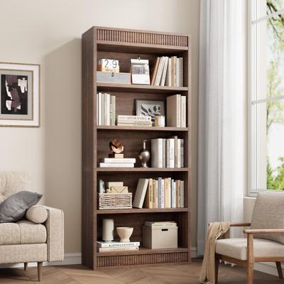 "Garvee 71"" Farmhouse Bookcase with Double Fluted Design, 5-Tier Wooden Bookshelf for Living Room or Office"