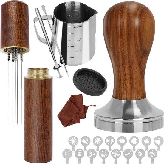 Famanu Espressotamper Set, 23-delig - Barista-accessoires met 51mm tamper, melkkannetje, handdoek, latte art-pen en 16 sjablonen