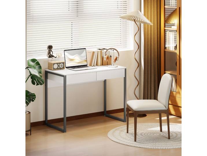 HOMCOM Bureau 100x50cm 2 Tiroirs Blanc Pieds Acier Maison