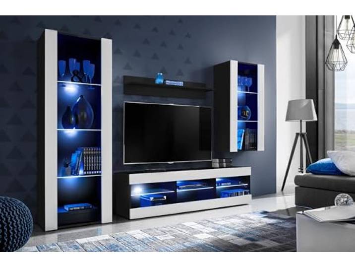Komodee Wohnwand TV Tivoli Medio A1 Weiß/Schwarz 245x159x35 cm Wohnwand Tivoli Medio, Weiß/Schwarz, Breite 245cm x Höhe 159cm x Tiefe 35cm, LED Blau, für Wohnzimmer