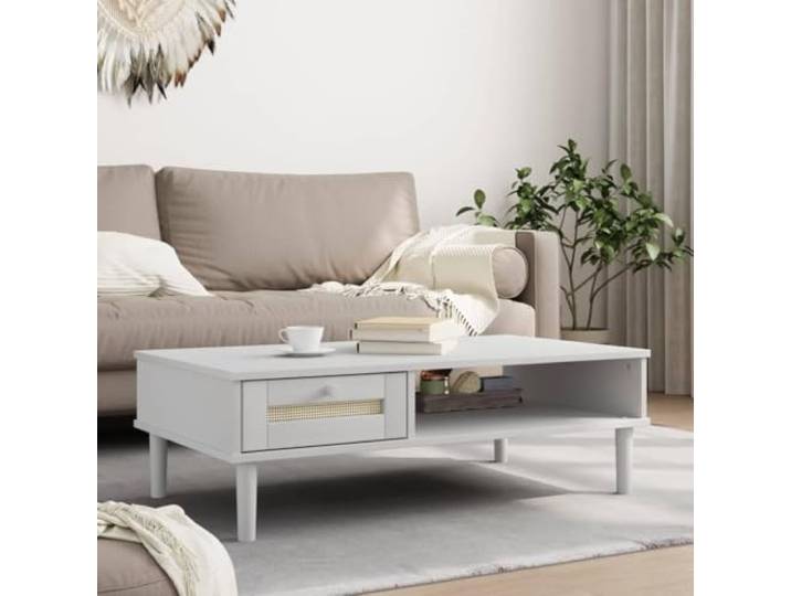 HEFZGDB Couchtisch SENJA Rattan-Optik Weiß 100x55x33 cm aus massivem Kiefernholz mit UV-Lackierung und robuster Tischplatte, stilvoller Beistelltisch mit Schublade und Fach