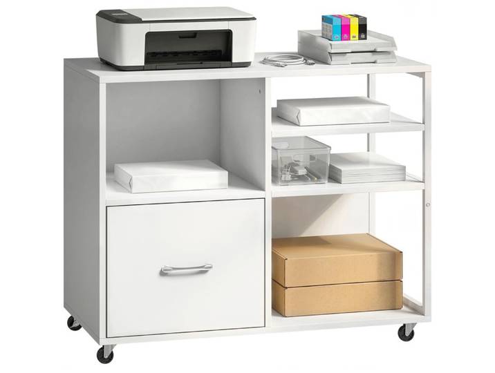 VVBV Meuble Imprimante sur Roulettes avec Tiroir Dossiers A4 et 4 Étagères Rangement Bureau 80x40x65 5 cm Blanc