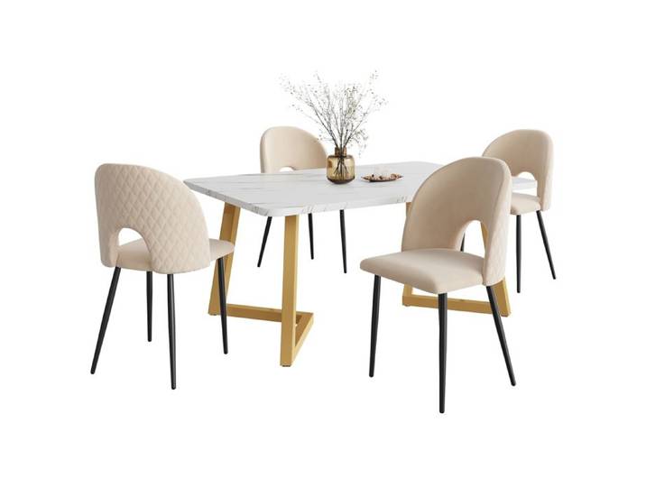 COVREO Ensemble table à manger 117x68 cm avec 4 chaises en velours beige pieds réglables