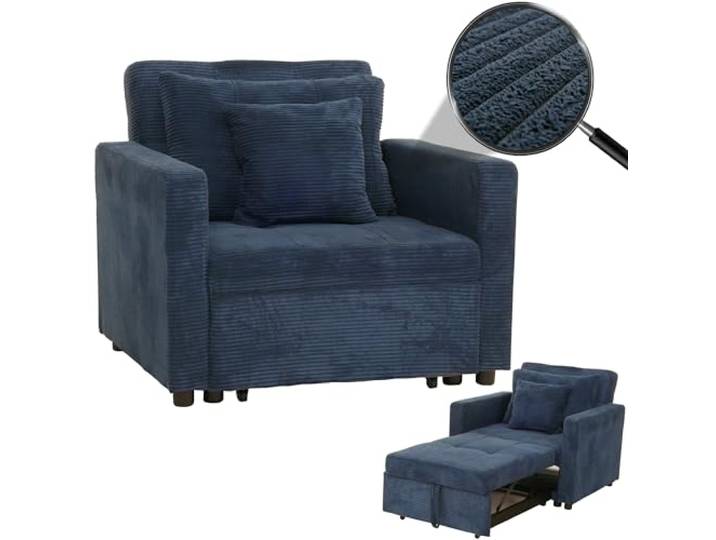 Mendler Schlafsessel HWC-L90 Liegefläche 200x100cm Stoff Cord - blau Klappsessel, Gästebett, Relaxsessel