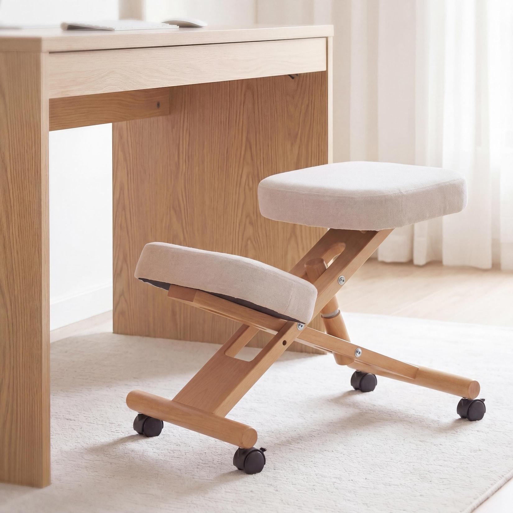 Kniestuhl MCW-Q46, Sitz-/Kniehocker höhenverstellbar Rollen Stoff/Textil (200g/m²) Holz ~ creme