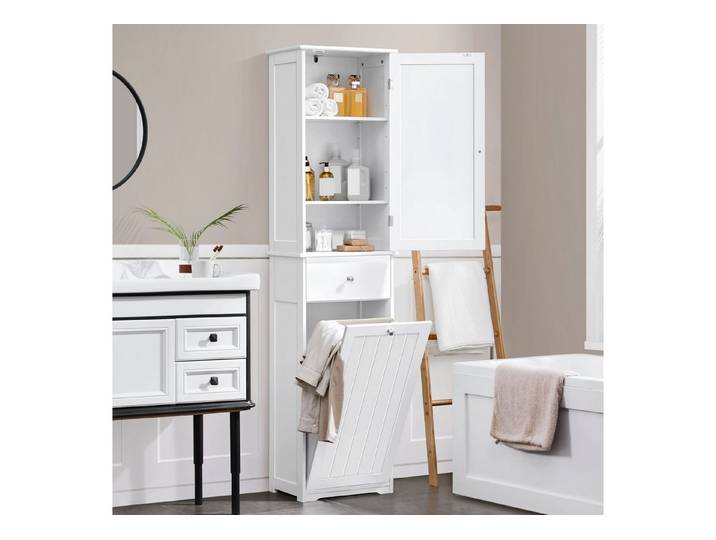 Yaheetech Hochschrank Badezimmerschrank mit Wäschekorb Schmaler Badschrank Badkommode Standregal, Einlegeböden verstellbar