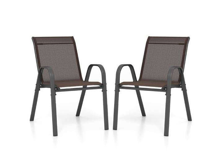 COSTWAY Lot de 2 Chaises de Jardin Tissu Respirant Chaises à Manger Empilables avec Accoudoirs pour Patio Terrasse Porche Marron