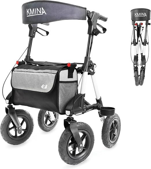 Outdoor Rollator mit Luftbereifung, Geländegängiger All-terrain Gehwagen mit Sitz und Rückenlehne, Faltbarer Aluminium Rollator, Belastbar bis 136 kg, Luftbereifte Räder (25 cm)