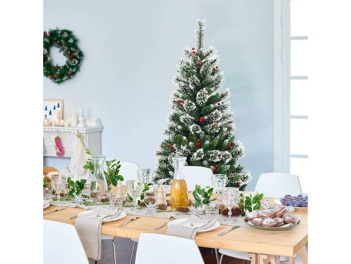 COSTWAY 150cm Künstlicher Weihnachtsbaum mit roten Beeren, schneebedeckter Tannenbaum mit Metallständer, Christbaum PVC- und Tannennadeln, Kunstbaum Weihnachten Klappsystem