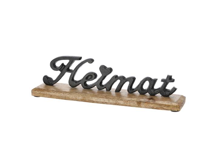 Schriftzug Heimat, Aufsteller Mangoholz und Aluminium, braun, schwarz, 2 x 8 x 6,5 cm