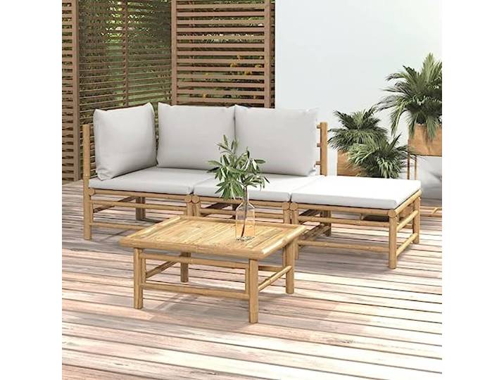 Bambou durable avec coussins moelleux café terrasse Brun 4 pièces Salon de jardin 4 pcs avec coussins gris clair bambou, ensemble canapé d'extérieur modulaire avec table, résistant aux