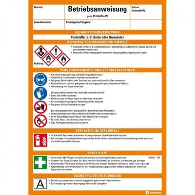Betriebsanweisung Feststoffe, CLP/GHS, Kunststoff, 210x297mm, ASR A1.3, DIN EN ISO 7010