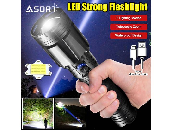 Lampe de poche haute puissance XGardens 360, double source de lumière, interrupteur lanterne, 7 modes d'éclairage, lampe aste, torche avec indicateur