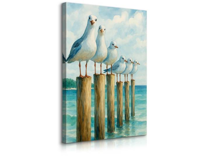 Muralo Leinwandbild Bemalte Möwen Meer 80/120cm, Blau, Grün, Beige, Braun, Weiß, Grau, Kiefer, Tiere, Wasser/Strand/Meer, Rechteckig, 80x120 cm, einfache und schnelle Anbringung, Bilder & Rahmen, Bilder, Leinwandbilder