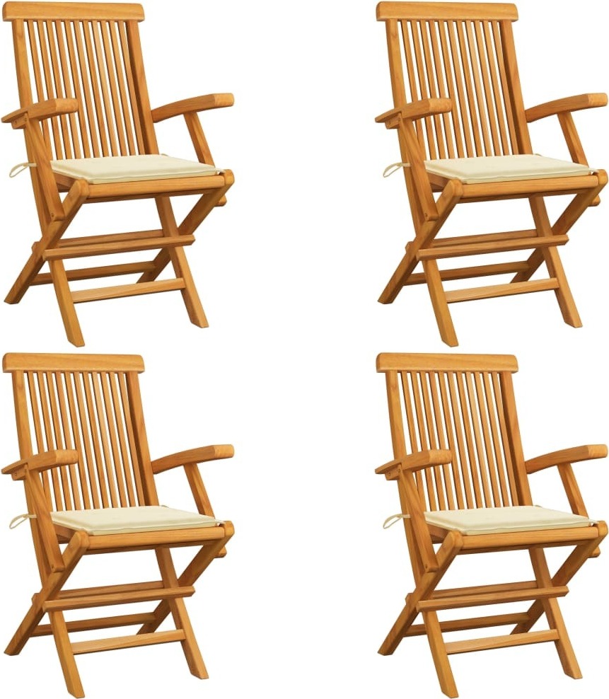 Klappstühle mit cremefarbenen Kissen, 4 Stück, Massivholz Teakholz
