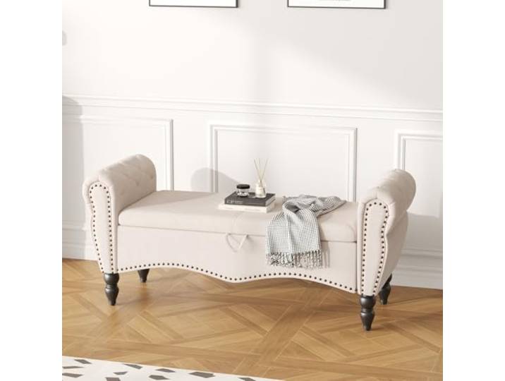 Ckaff Aufbewahrungs-Ottomane Polsterbank Sitzhocker Sitzbank– Gepolsterte Ottomane mit massiven Holzbeinen, Bettbank, Sitzhocker mit Stauraum, Innenbank für Wohnzimmer, Beige, Leinen