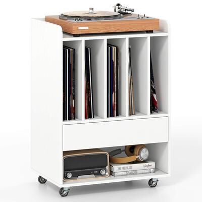 Rolling Turntable Stand with Drawer & Lockable Wheels for Bedroom