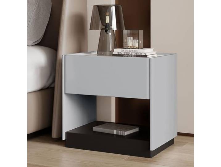 Moderner Nachttisch 1 Schublade Beistelltisch aus Holz Schlichtes Design Offene Ablageflächen Verdeckte Griffe Holzrahmen Wohnaccessoires Für das Schlafzimmer(Grigio,45cm/18in)