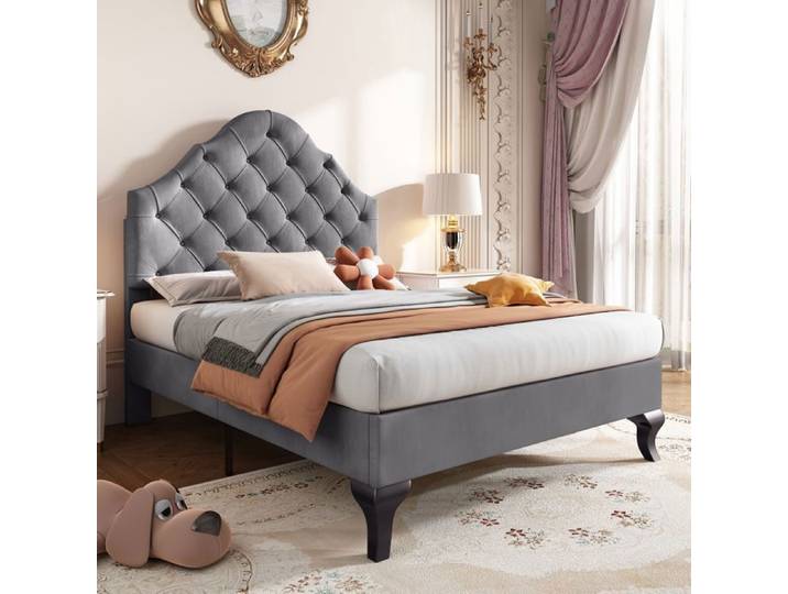 URTR Lit rembourré 90x200cm - Rangement sous lit - Tête de lit réglable - Pied de soutien central - Sommier lattes - Velours - Gris
