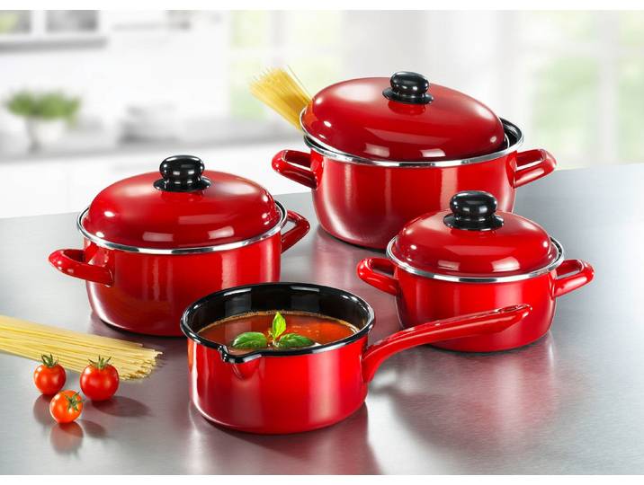 Topf-Set, 7-teilig, aus widerstandsfähigem Stahl-Emaille von GSW, Rot