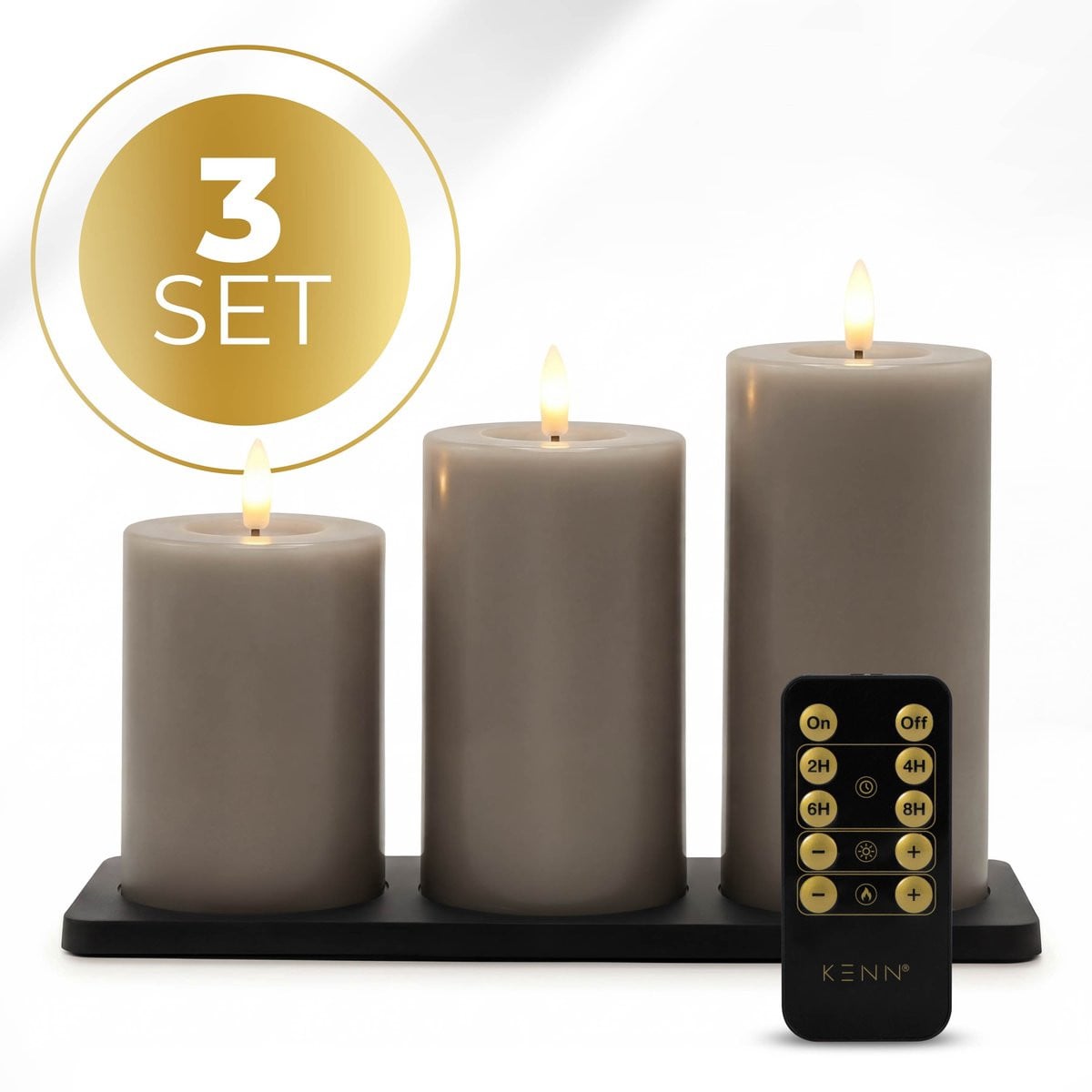 KENN GlowPro Oplaadbare LED Kaarsen Set van 3 - Taupe - Met Afstandsbediening, Timer en Bewegend Vlammeffect