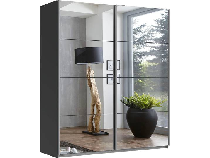 Schwebetürenschrank WIMEX England , grau (graphit, spiegel), B:180cm H:236cm T:65cm, Holzwerkstoff, Schränke, Schwebetürenschrank, 2-türig, mit vollverspiegelter Schrankfront, in diversen Breiten