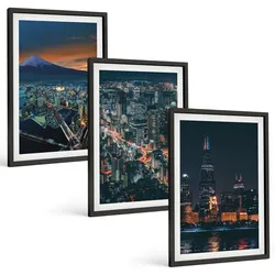 BILDER SET 3er Set - 40x60 cm Schwarzer Rahmen - Bergpanorama der Stadt bei Nacht