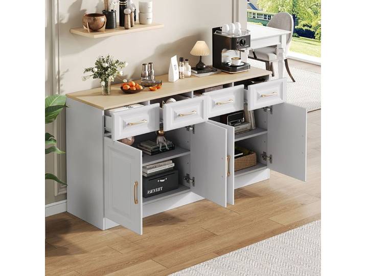 Buffet 140 cm Meuble bar fermier moderne 4 tiroirs + 4 portes bois blanc cuisine salon Blanc+Chêne