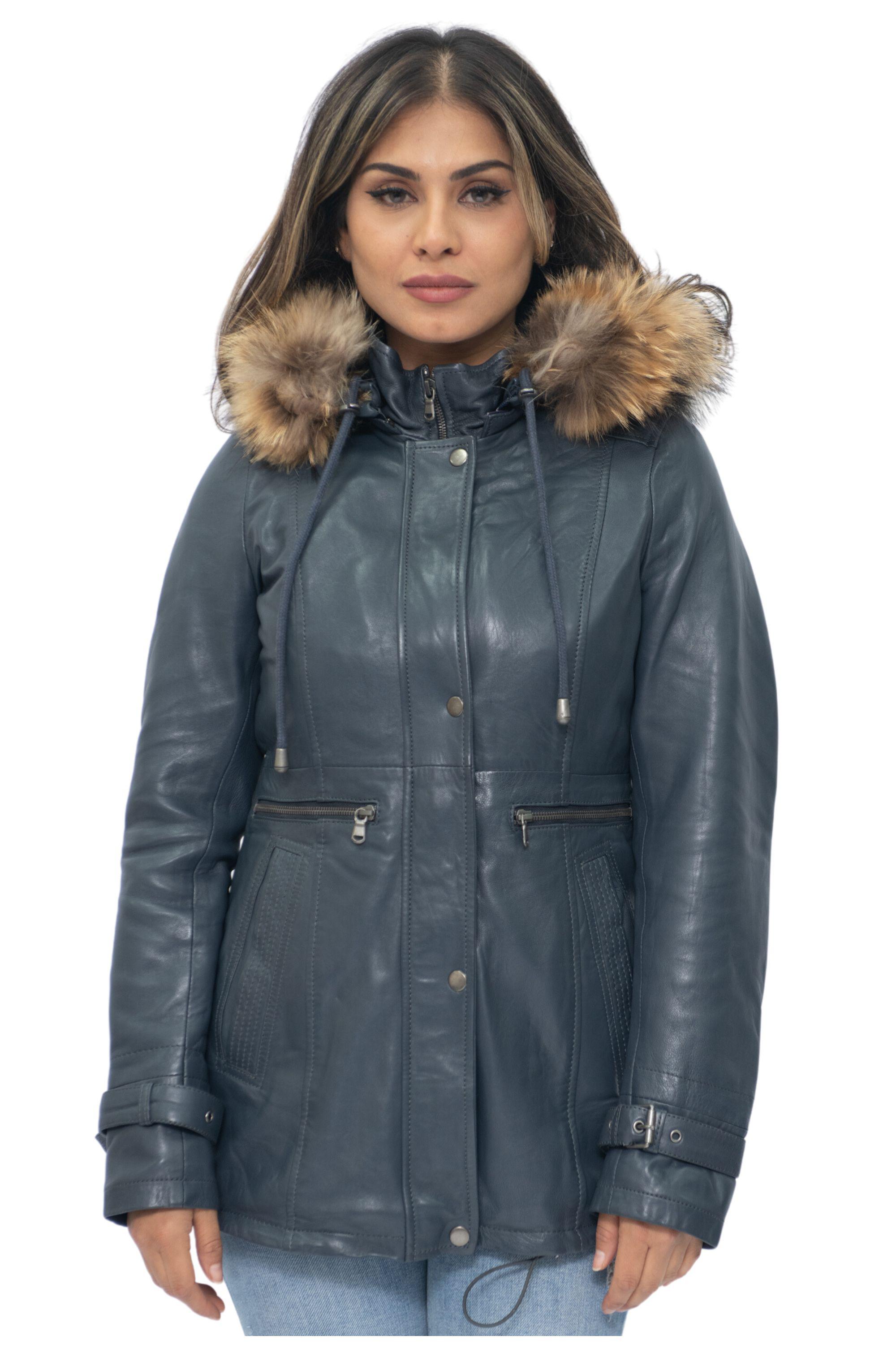 Damen-Parkajacke aus Leder mit Kapuze – Putian