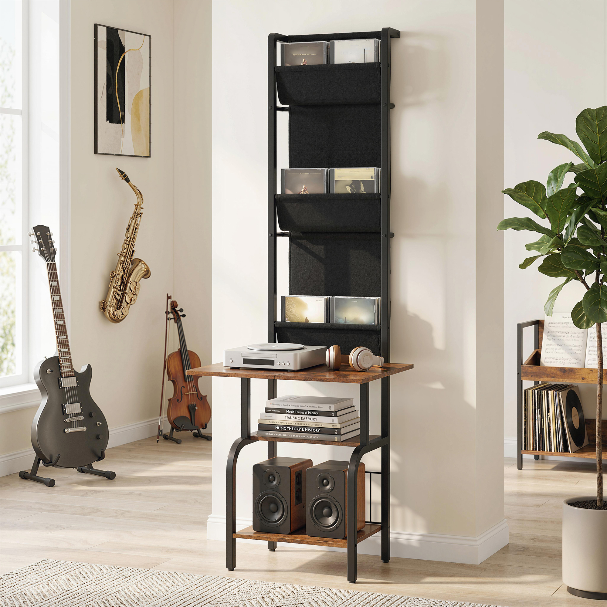 Homcom Scaffale industriale per CD, contenitore per CD, portadischi DVD con 3 tasche in tessuto e piano, effetto legno rustico marrone   Aosom Italy