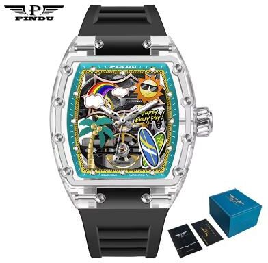 Inspired Finds PINDU Unique Dial Mechanical Watch For Men Waterproof Summer Sport Watch With Silicone Strap black