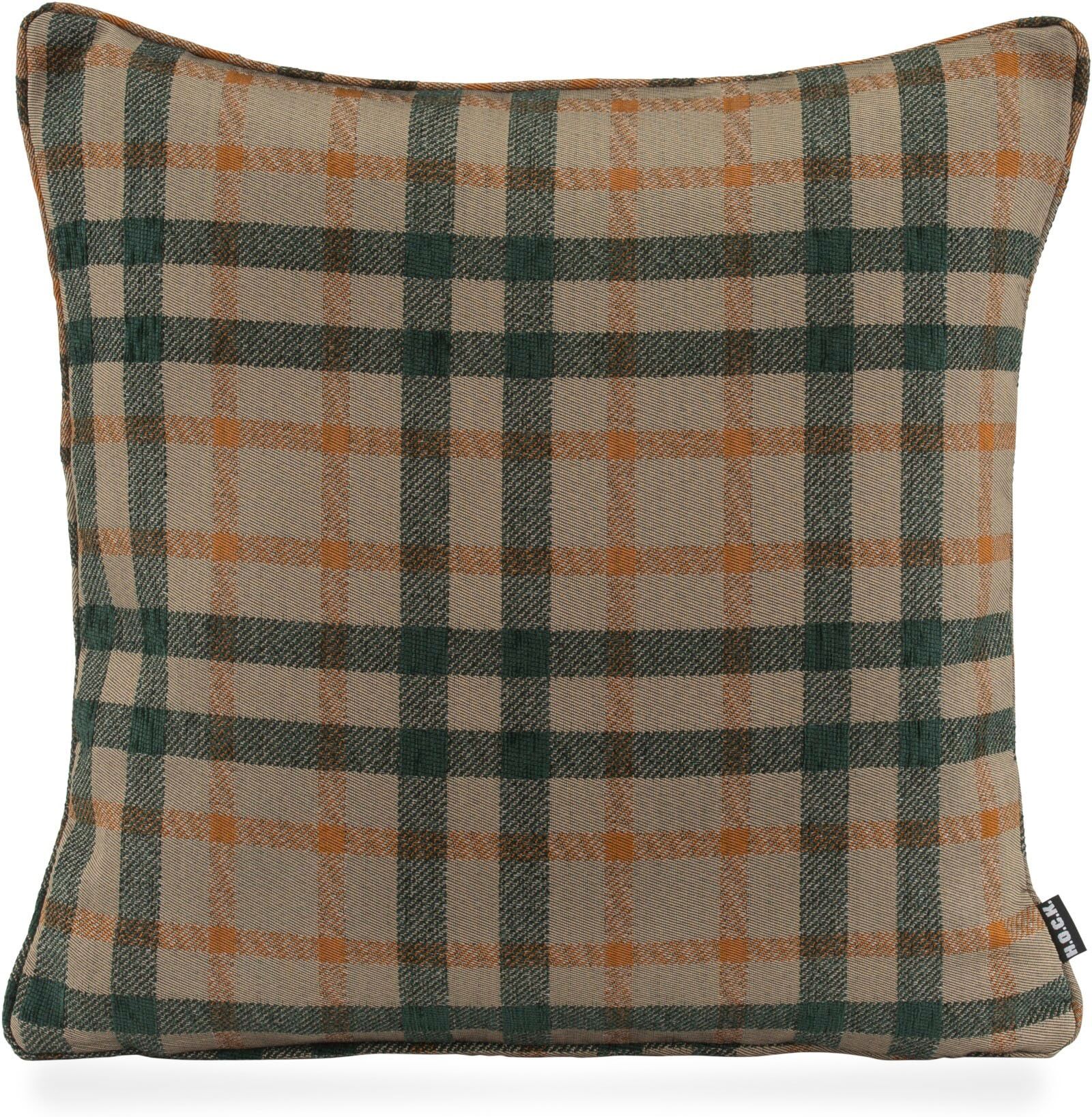 Dekokissen H.O.C.K. "Charles", bunt (dunkelgrün, orange, kariert), B:50cm H:10cm L:50cm, Obermaterial: 66% Polyester, 34% Polyacryl. Füllung: 100% Polyester, Dekokissen_Sitzkissen_Kissenhüllen, Dekokissen, Karo, Weihnachten, britisch, inkl. Füllung, Bezug