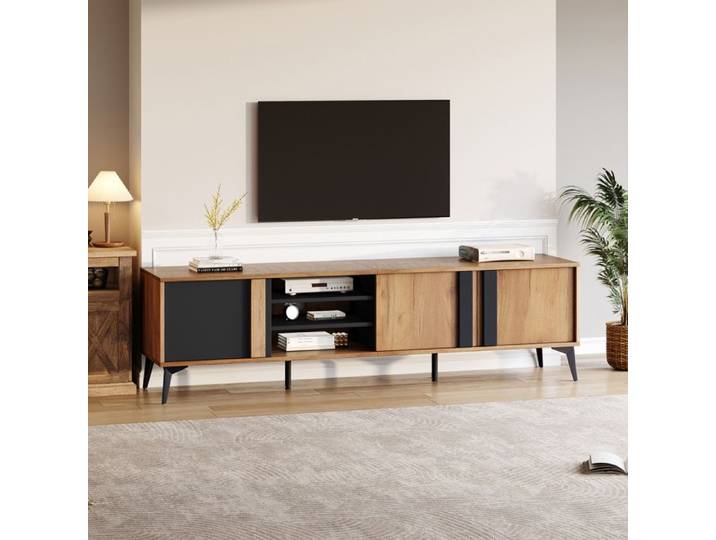 Meuble TV - 180 cm - Noir et marron - 3 portes et 4 étagères - Style rustique