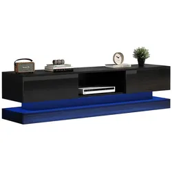 OKWISH Hochglanz TV-Schrank 160x35x40  cm LED Beleuchtung Schubladen Kabelmanagement Anti-Kipp Design moderner Fernsehtisch Schwarz