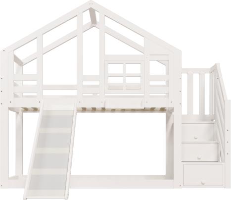 Etagenbett 90x200cm Kinderbett Baumhaus (Ohne Matratze) Mit 2x Lattenrost Fenster Bauweise mit Speicherung und Rausfallschutz Weiss