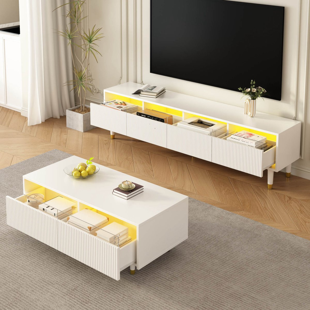Merax Moderne Meubelset met TV-meubel en Salontafel, LED-verlichting en Golvende Textuur, Wit
