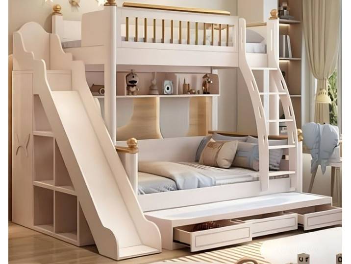 Xlmoebel Etagenbett XLMOEBEL Etagenbett aus Holz in Weiß mit Rutsche und Schubladen (Etagenbett, 1-St., Etagenbett mit Rutsche), Made in Europa