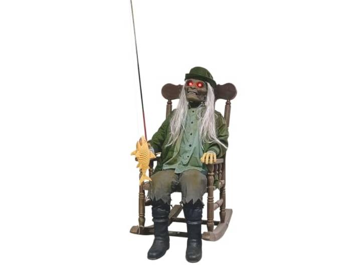 Halloween Standfigur Freddy im Schaukelstuhl - Animatronic 185 cm Große animierte Gruselfiguren mit Bewegung, Licht oder Sound – je nach Modell für Indoor oder Outdoor geeignet