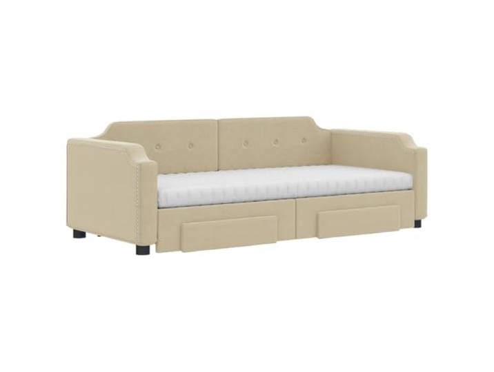 KTHLBRH Ausziehbares Schlafsofa in Creme mit 2 Schubladen 2 Schaumstoffmatratzen inklusive, Rahmen aus Holz und Metall, 223 x 212,5 cm ausgezogen
