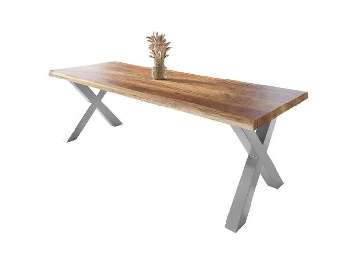 SAM® Esstisch Waves_X, Mangoholz, gedoppelte Tischplatte, Metallgestell X-Form, bis 3m