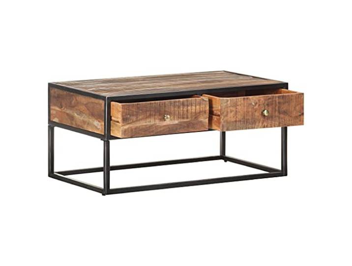 Couchtisch aus Akazienholz 90 x 50 x 40 cm mit 2 Schubladen und Sockel Massives Akazienholz, Finish und Sockel aus schwarzem Eisen, 2 Schubladen, Industrie-Stil, Montage