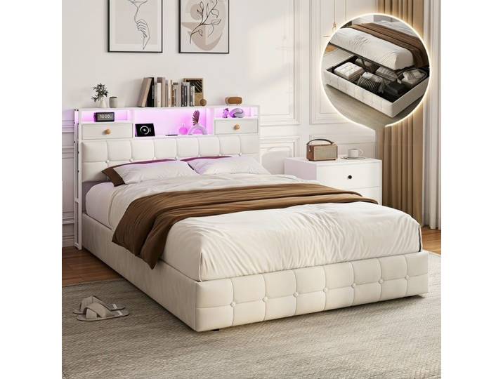 Lit 140x200cm - Lit Coffre 140x200cm avec LED - Lit Adulte 140x200 - Tête de Lit avec 2 Tiroirs et Rangement - Velours Beige
