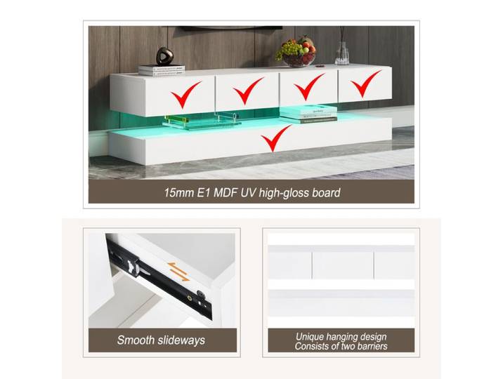 Feuille épaissie Meuble TV LED Lowboard Armoire TV murale Support TV Meuble TV avec 2 armoires et 4 grands tiroirs éclairage LED