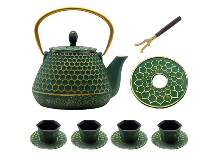 Teekessel-Set aus Gusseisen, sechseckiges Muster, Teekannen-Set mit Tassen und Tassen-Matten, Teekanne beschichtet mit emaillierter Innenseite, langlebiges Gusseisen-Teekannen-Set mit