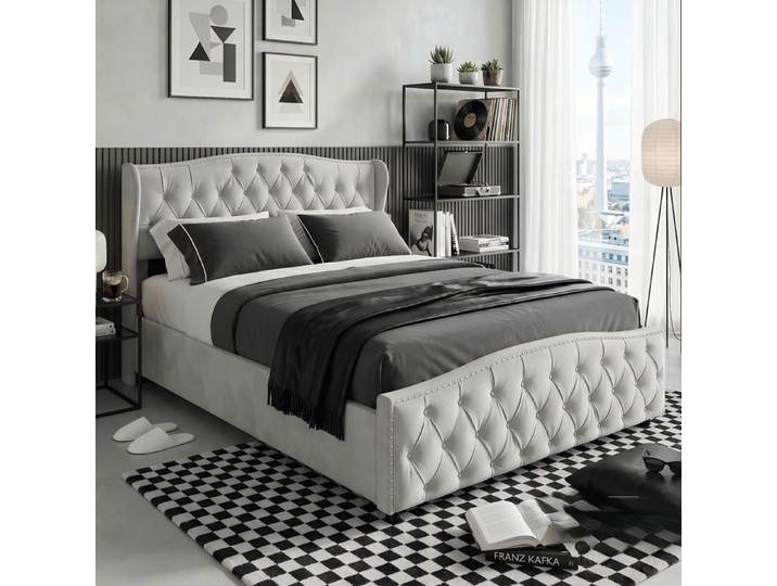 Lit Rembourré 140x200cm - Bordure Ondulée Originale - Décoration Rivets Chic - Structure Robuste - Sommier Inclus - Gris