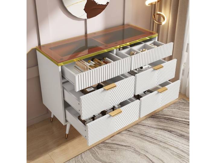 MODENUIT Commode 6 tiroirs 120x40x76 cm avec design plateau verre marron pièds en métal et panneau de particules blanc