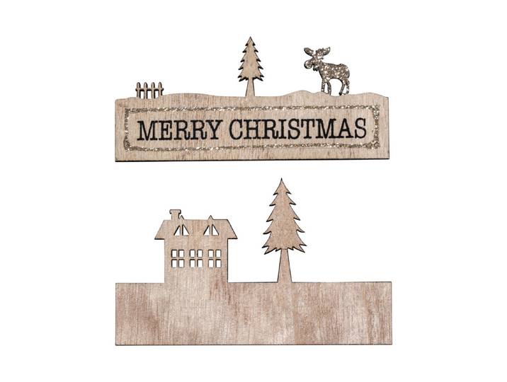 Holzdeko m. Schrift Merry Christmas , 11x6,7cm, 2-tlg., SB-Btl 1Stück